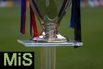 31.05.2025,  Fussball UEFA Championsleague Finale 2025:  Paris St. Germain - Inter Mailand, in der Allianz-Arena Mnchen. Der Championsleague-Pokal steht auf der Stele bereit. Geschmckt mit Bndern in den Vereinsfarben der beiden Final-Teams.
