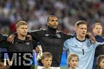04.06.2025, Fussball UEFA Nations League 2024/25,  Halbfinale, Deutschland - Portugal, in der Allianz-Arena Mnchen. Aufstellung zur Nationalhymne, von links:  Maximilian Mittelstdt (Deutschland), Jonathan Tah (Deutschland), Torwart Marc Andre ter-Stegen (Deutschland), 