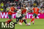 04.06.2025, Fussball UEFA Nations League 2024/25,  Halbfinale, Deutschland - Portugal, in der Allianz-Arena Mnchen. v.li: Francisco Trincao (Portugal), Maximilian Mittelstdt (Deutschland), Joao Neves (Portugal) 