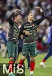 04.06.2025, Fussball UEFA Nations League 2024/25,  Halbfinale, Deutschland - Portugal, in der Allianz-Arena Mnchen. v.li: Ruben Neves (Portugal) und Diogo Dalot (Portugal) nach dem Spiel jubelnd 