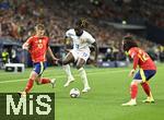 05.06.2025, Fussball UEFA Nations League 2024/25,  Halbfinale, Spanien - Frankreich, in der MHP-Arena Stuttgart, v.l. Dani Olmo (Spanien), Manu Kone (Frankreich) und Marc Cucurella (Spanien) 