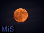10.06.2025,  Bad Wrishofen im Allgu, Blutroter Vollmond steht am Nachthimmel am Abend, der sogenannte Erdbeermond. Der Vollmond steht auergewhnlich tief und kann dadurch besonders gro und rtlich erscheinen.
