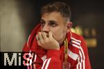15.06.2025, Cincinnati (USA), FIFA Club World Cup 2025, Gruppe C, FC Bayern Mnchen Pressekonferenz vor dem Spiel gegen Auckland City im TQL Stadium, Josip Stanisic (Bayern Mnchen) wartet vor dem Pressegesprch.