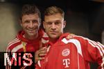 15.06.2025, Cincinnati (USA), FIFA Club World Cup 2025, Gruppe C, FC Bayern Mnchen Pressekonferenz vor dem Spiel gegen Auckland City im TQL Stadium, v.li: Thomas Mller (FC Bayern Mnchen) und Joshua Kimmich (FC Bayern Mnchen) beim Pressegesprch gut gelaunt.