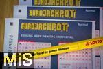 28.03.2023, Lotto Bayern, Eurojackpot-Scheine, Angekreuzte Tippscheine auf dem Tisch. 