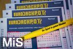 28.03.2023, Lotto Bayern, Eurojackpot-Scheine, Angekreuzte Tippscheine auf dem Tisch. 