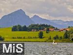 14.07.2025, Hopfensee in Bayern, Der Hopfensee bei Fssen im Allgu,  Auf dem See ein Tretboot in Schwanenform. 