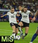 19.07.2025, UEFA Frauen-Europameisterschaft 2025 in der Schweiz. Viertelfinale, Frankreich - Deutschland, im St-Jakob-Park Basel (Schweiz). v.li: Elisa Sen (Deutschland) , Sakina Karchaoui (Frankreich), Jule Brand (Deutschland) 