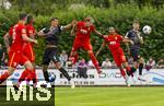 25.07.2025, Fussball 1. Bundesliga 2025/2026,  Testspiel Rot-Weiss Essen - FC Augsburg, im Donaustadion Dillingen, Schwaben. v.li:  Steve Michel Mounie (FC Augsburg), Michael Schultz (Essen), Kristjan Jakic (FC Augsburg), Alexis Julian Claude-Maurice (FC Augsburg), 

