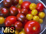 04.08.2025,  Tomaten werden gewaschen. In einer Kche in Bayern liegen verschiedenfarbige frische Tomaten aus dem heimischen Garten in einem Wasch-Sieb in der Sple.