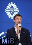 14.08.2025, Fussball Major League Soccer (MLS) 2025/2026 Kanada, Neuzugang aus Deutschland bei den Vancouver Whitecaps FC, Ein gut gelaunter Thomas Mller vom FC Bayern Mnchen wird bei einer Pressekonferenz offiziell vorgestellt und hlt gleich eine Ansprache.