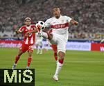 16.08.2025, Fussball Bundesliga 2025/2026, Franz-Beckenbauer-Supercup, VfB Stuttgart - FC Bayern Mnchen, in der MHP-Arena (Stuttgart). Jamie Leweling (Stuttgart) am Ball.