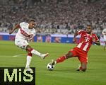 16.08.2025, Fussball Bundesliga 2025/2026, Franz-Beckenbauer-Supercup, VfB Stuttgart - FC Bayern Mnchen, in der MHP-Arena (Stuttgart). v.l. Jamie Leweling (Stuttgart) gegen Jonathan Tah (FC Bayern Mnchen) 