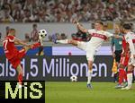 16.08.2025, Fussball Bundesliga 2025/2026, Franz-Beckenbauer-Supercup, VfB Stuttgart - FC Bayern Mnchen, in der MHP-Arena (Stuttgart). v.l. Konrad Laimer (FC Bayern Mnchen) gegen Chris Fhrich (Stuttgart) 