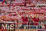 22.08.2025, Fussball Bundesliga 2025/2026, 1.Spieltag, FC Bayern Mnchen - RB Leipzig, in der Allianz-Arena Mnchen, Bayernfans in der Sdkurve zeigen stolz ihre Fanschals, Die beiden Fans mit den gemeinsamen Trikots, einer Eigenkreation der Ultras eines optimalen Bayern-Trikots, ihr Motto-Shirt zum ersten Heimspiel, nur in den Vereinsfarben Rot und Weiss gehalten.