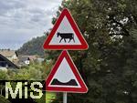03.09.2025, Bled, Slowenien, Verkehrsschilder weisen auf Strassenschden und Gefahr durch Khe hin.
