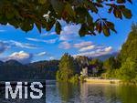 03.09.2025, Bled, Slowenien, Der Bleder See, auch Veldeser See oder Felder See, slowenisch Blejsko jezero, ist ein See in der slowenischen Region Oberkrain (Gorenjska) beim Kurort Bled. Hoch oben auf einem steil aufragenden Felsen am Nordufer thront die Burg von Bled (Blejski grad) ber dem See. 