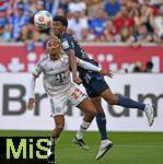 20.09.2025, Fussball Bundesliga 2025/2026, 4.Spieltag, TSG 1899 Hoffenheim - FC Bayern Mnchen, in der PreZero-Arena (Sinsheim). v.l. Sacha Boey (FC Bayern Mnchen) gegen Bernardo (TSG 1899 Hoffenheim) 


