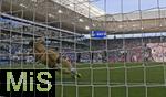 20.09.2025, Fussball Bundesliga 2025/2026, 4.Spieltag, TSG 1899 Hoffenheim - FC Bayern Mnchen, in der PreZero-Arena (Sinsheim). Torwart Oliver Baumann (TSG 1899 Hoffenheim) kassiert per Foulelfmeter einen Treffer von Harry Kane (FC Bayern Mnchen) , 0:2


