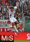 04.10.2025, Fussball 1. Bundesliga 2025/2026, 6.Spieltag, FC Augsburg - VfL Wolfsburg, in der WWK-Arena Augsburg. Iris Chrislain Aurel Matisma (FC Augsburg) setz sich durch.
 

