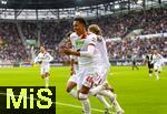 04.10.2025, Fussball 1. Bundesliga 2025/2026, 6.Spieltag, FC Augsburg - VfL Wolfsburg, in der WWK-Arena Augsburg. Torjubel Noahkai Dominic Banks (FC Augsburg). 