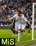 04.10.2025, Fussball 1. Bundesliga 2025/2026, 6.Spieltag, FC Augsburg - VfL Wolfsburg, in der WWK-Arena Augsburg. Torjubel Noahkai Dominic Banks (FC Augsburg).  