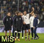 10.10.2025, Fussball WM-Qualifikation Europa 2025/26, 7.Spieltag,  Deutschland - Luxemburg, in der PreZero-Arena (Sinsheim). Nach dem Spiel, v.li: David Raum (Deutschland), Serge Gnabry (Deutschland), Aleksandar Pavlovic (Deutschland) 