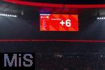 11.01.2026, Fussball Bundesliga 2025/2026, 16.Spieltag, FC Bayern M�nchen - VfL Wolfsburg, in der Allianz-Arena M�nchen, Auf der Anzeigetafel steht 6 Minuten Nachspielzeit (Plus6), oben links wird die Nachspielzeit nun Sekundengenau angezeigt, neben den 90:00 Minuten erfolgter Spielzeit.