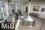 29.01.2026, Landbrauerei Storchenbr�u Pfaffenhausen im Unterallg�u, Details bei der Bierherstellung: Sudhaus mit Sudpfanne und L�uterbottich, nach dem Maischen wird im L�uterbottich die fl�ssige W�rze von den unl�slichen Malzbestandteilen getrennt, danach fliesst die gekl�rte Bierw�rze in die Sudpfanne. Aussenkocher System, 