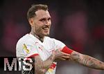 11.02.2026, Fussball DFB-Pokal 2025/2026, Viertelfinale, FC Bayern M�nchen - RB Leipzig, in der Allianz-Arena M�nchen. David Raum (RB Leipzig) lacht.


