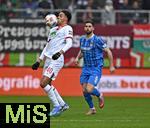 15.02.2026, Fussball 1. Bundesliga 2025/2026, 22.Spieltag, FC Augsburg - 1.FC Heidenheim, in der WWK-Arena Augsburg. v.l. Noahkai Dominic Banks (FC Augsburg) gegen Stefan Schimmer (1. FC Heidenheim 1846) 
 

