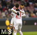 15.02.2026, Fussball 1. Bundesliga 2025/2026, 22.Spieltag, FC Augsburg - 1.FC Heidenheim, in der WWK-Arena Augsburg. Torjubel, Alexis Julian Claude-Maurice (FC Augsburg) mit Rodrigo Duarte Ribeiro  (FC Augsburg) 