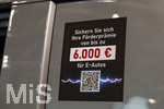 20.02.2026, Die Auto-Messe Münchner Auto Tage 2026 in München im Messegelände Riem. Staunen und Testen und Kaufen, Autohändler zeigen ihre neuesten Modelle.  Schild weist hin auf die 6000 Euro Staatlicher Förderung für E-Autos