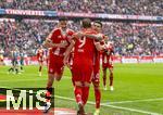 21.02.2026, Fussball Bundesliga 2025/2026, 23.Spieltag, FC Bayern München - Eintracht Frankfurt, in der Allianz-Arena München, Torjubel, Aleksandar Pavlovic (Bayern München) , Harry Kane (FC Bayern München), Luis Diaz (FC Bayern München) 