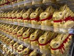 09.03.2026, Symbolbild:  Ostern 2026, Der berühmte Lindt Goldhase mit Glöckchen im Angebot eines Supermarktes in Bayern, 