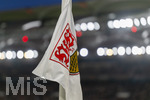 12.03.2026, Fussball UEFA Europa League 2025/2026: Achtelfinale, VfB Stuttgart - FC Porto, in der MHP-Arena Stuttgart, Die Eckfahne mit dem VFB-Logo im Schein des Flutlichts.