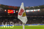 12.03.2026, Fussball UEFA Europa League 2025/2026: Achtelfinale, VfB Stuttgart - FC Porto, in der MHP-Arena Stuttgart, Die Eckfahne mit dem VFB-Logo im Schein des Flutlichts.