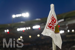 12.03.2026, Fussball UEFA Europa League 2025/2026: Achtelfinale, VfB Stuttgart - FC Porto, in der MHP-Arena Stuttgart, Die Eckfahne mit dem VFB-Logo im Schein des Flutlichts.
