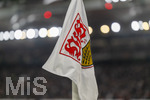 12.03.2026, Fussball UEFA Europa League 2025/2026: Achtelfinale, VfB Stuttgart - FC Porto, in der MHP-Arena Stuttgart, Die Eckfahne mit dem VFB-Logo im Schein des Flutlichts.