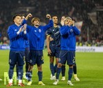 12.03.2026, Fussball UEFA Europa League 2025/2026: Achtelfinale, VfB Stuttgart - FC Porto, in der MHP-Arena Stuttgart, Schlussjubel der Portugiesen,   Pepe (FC Porto), Rodrigo Mora (FC Porto) , William Gomes (FC Porto) 