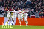 12.03.2026, Fussball UEFA Europa League 2025/2026: Achtelfinale, VfB Stuttgart - FC Porto, in der MHP-Arena Stuttgart, Torjubel vor der Rücknahme durch den VAR bei Angelo Stiller (re, Stuttgart) mit Atakan Karazor (Stuttgart), Tiago Tomas (Stuttgart), Bilal El Khannouss (Stuttgart) 