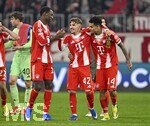 18.03.2026,  Fussball UEFA Championsleague 2025/2026: Achtelfinale Rückspiel,  FC Bayern München - Atalanta Bergamo, in der Allianz-Arena München, v.l.  Torwart Jonas Urbig (FC Bayern München), Nicolas Jackson (FC Bayern München), Lennart Karl (FC Bayern München), und Luis Diaz (FC Bayern München) jubeln.
  

