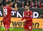 22.03.2026, Fussball 1. Bundesliga 2025/2026, 27.Spieltag, FC Augsburg - VfB Stuttgart, in der WWK-Arena Augsburg. v.l. Nikolas Nartey (Stuttgart)  und Deniz Undav (Stuttgart) jubeln
 

