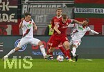 22.03.2026, Fussball 1. Bundesliga 2025/2026, 27.Spieltag, FC Augsburg - VfB Stuttgart, in der WWK-Arena Augsburg. v.l. Robin Fellhauer (Augsburg), Maximilian Mittelstädt (Stuttgart), Finn Jeltsch (Stuttgart) und Alexis Julian Claude-Maurice (FC Augsburg) 
 

