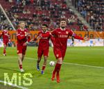 22.03.2026, Fussball 1. Bundesliga 2025/2026, 27.Spieltag, FC Augsburg - VfB Stuttgart, in der WWK-Arena Augsburg. Torjubel Deniz Undav (re, Stuttgart) li: Chris Führich (Stuttgart), Tiago Tomas (Stuttgart) 