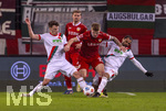 22.03.2026, Fussball 1. Bundesliga 2025/2026, 27.Spieltag, FC Augsburg - VfB Stuttgart, in der WWK-Arena Augsburg. von links:  Robin Fellhauer (Augsburg), Maximilian Mittelstädt (Stuttgart), Finn Jeltsch (Stuttgart),  Alexis Julian Claude-Maurice (FC Augsburg) 