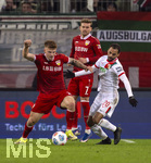 22.03.2026, Fussball 1. Bundesliga 2025/2026, 27.Spieltag, FC Augsburg - VfB Stuttgart, in der WWK-Arena Augsburg. von links:  Finn Jeltsch (Stuttgart), Maximilian Mittelstädt (Stuttgart), Alexis Julian Claude-Maurice (FC Augsburg) 