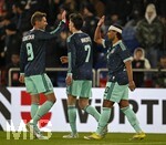 27.03.2026, Fussball Freundschafts-Länderspiel, Schweiz - Deutschland, im Stadion St.-Jakob-Park in Basel (Schweiz). Torjubel v.l. Leon Goretzka (Deutschland), Kai Hawertz (Deutschland) und Serge Gnabry (Deutschland) 