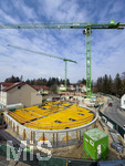 21.03.2026, Bad Wörishofen (Unterallgäu), Baustelle Löwenbräu-Arkaden Bad Wörishofen, das alte Restaurant und ehemalige Brauerei wurde 2022 abgerissen um eine neue Wohnanlage zu errichten. Der Neubau der Firma Glass kommt zügig voran, das Untergeschoss ist schon gut zu erkennen mit dem Rundbau. Neben Wohnungen und Gastronomie und Tiefgaragen entsteht ein Ort der Begegnung im Herzen von Bad Wörishofen. 
