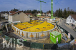 21.03.2026, Bad Wörishofen (Unterallgäu), Baustelle Löwenbräu-Arkaden Bad Wörishofen, das alte Restaurant und ehemalige Brauerei wurde 2022 abgerissen um eine neue Wohnanlage zu errichten. Der Neubau der Firma Glass kommt zügig voran, das Untergeschoss ist schon gut zu erkennen mit dem Rundbau. Neben Wohnungen und Gastronomie und Tiefgaragen entsteht ein Ort der Begegnung im Herzen von Bad Wörishofen. 
